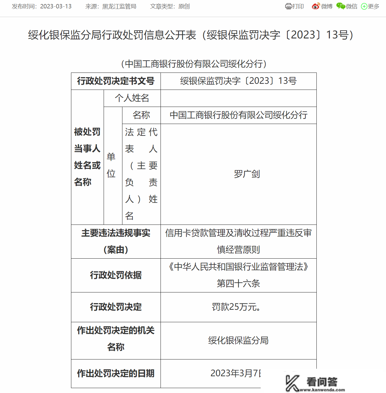 因信誉卡贷款办理及清收过程违规 工商银行绥化分行被罚25万元