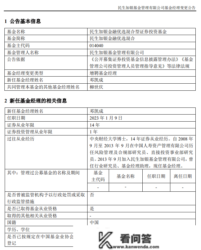 民生加银金融优选基金司理变动