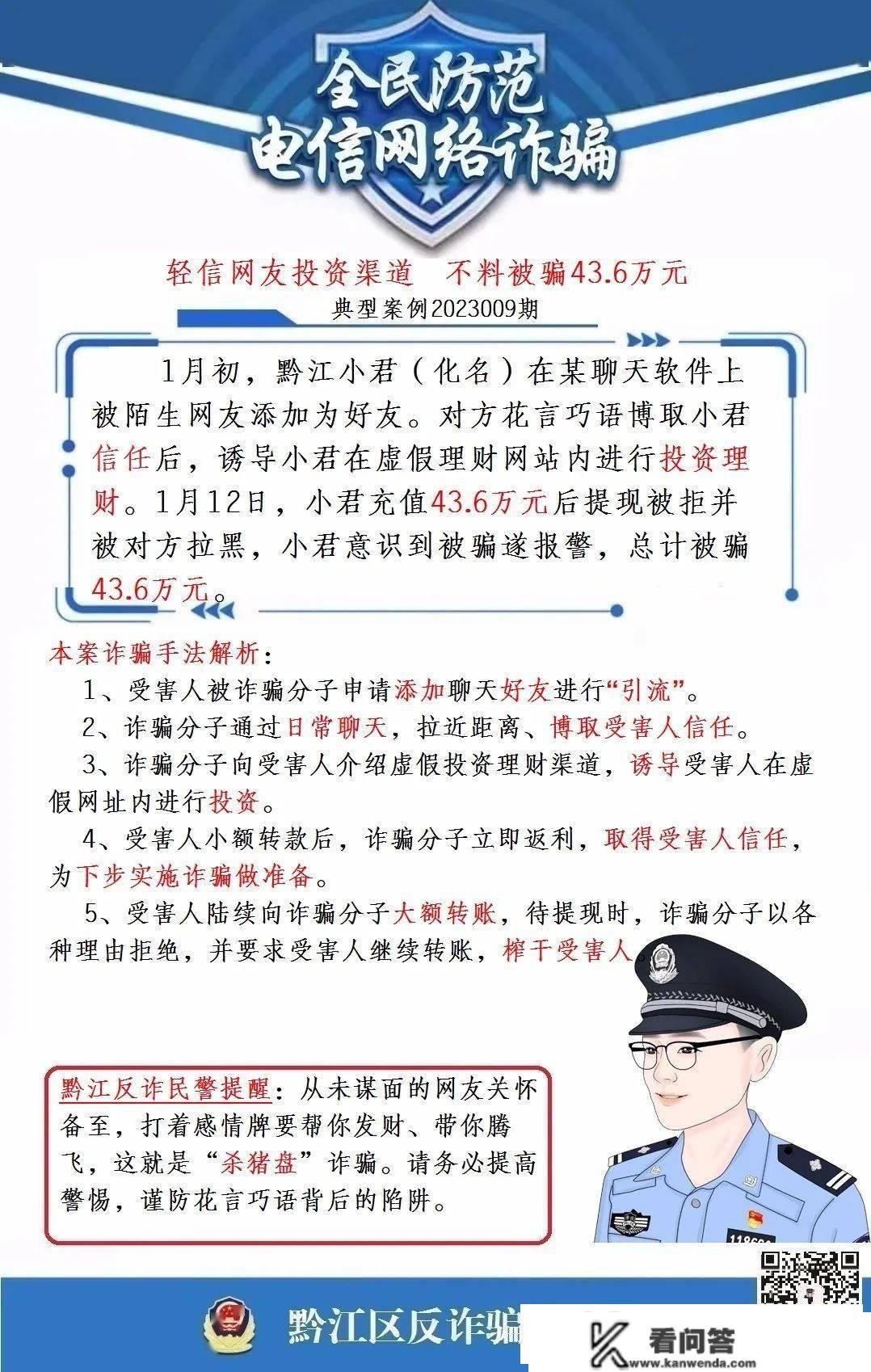 电信收集诈骗典型案例2023009期：轻信网友投资渠道，不意上当43.6万元