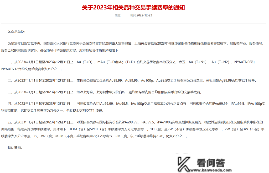 2023年减免部门费用！沪深交易所、中金所、上金所集体通知布告