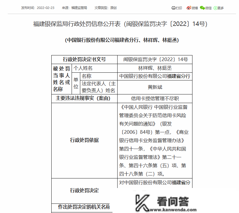 中国银行去年18.2万件消费赞扬信誉卡占比47%，开年又被罚50万