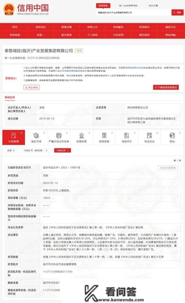 发布虚假告白，泰鲁城投(临沂)财产开展集团有限公司被罚100万元