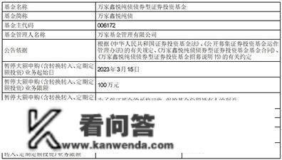 关于万家鑫悦纯债债券型证券投资 基金暂停大额申购（含转换转入、 按期定额投资）营业的通知布告