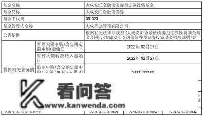 关于大成安汇金融债债券型证券投资基金 暂停大额申购（含按期定额申购）及基金转换转入营业的通知布告