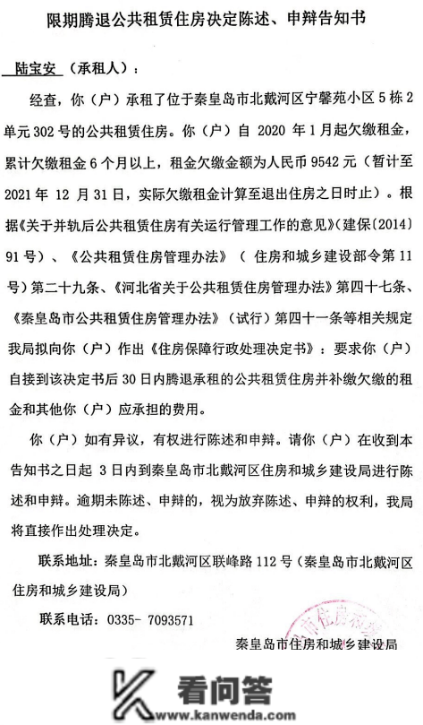 关于期限腾退公共租赁住房决定陈说、申辩告知书送达通知布告