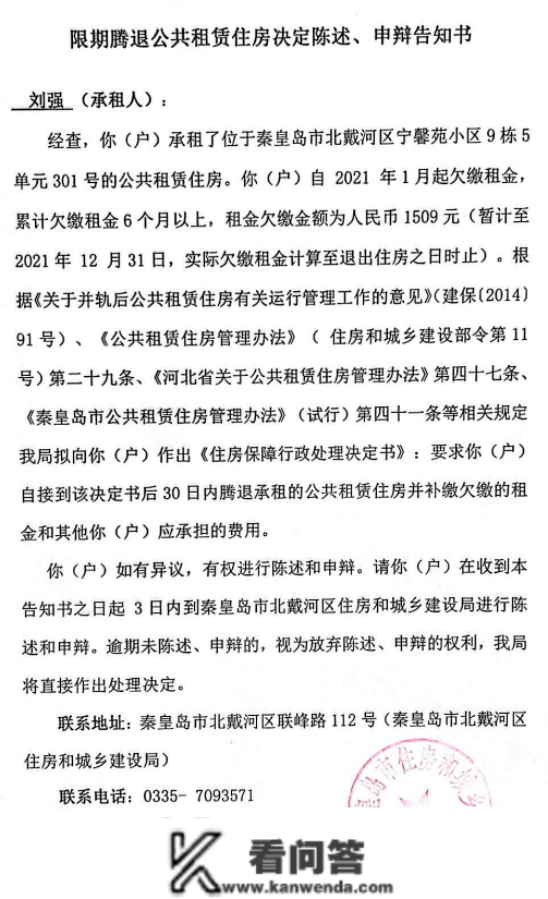 关于期限腾退公共租赁住房决定陈说、申辩告知书送达通知布告