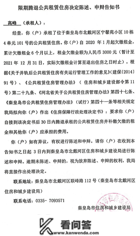 关于期限腾退公共租赁住房决定陈说、申辩告知书送达通知布告