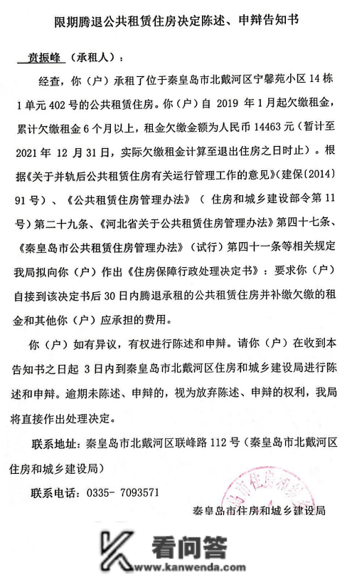 关于期限腾退公共租赁住房决定陈说、申辩告知书送达通知布告