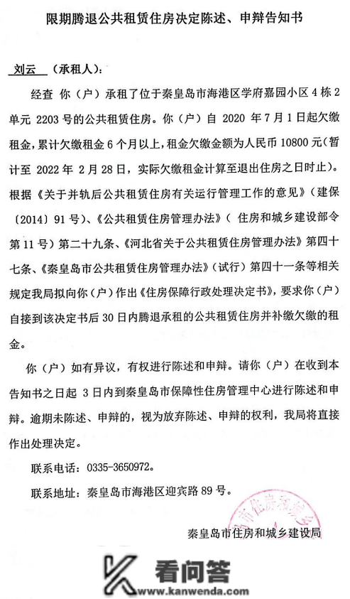 关于期限腾退公共租赁住房决定陈说、申辩告知书送达通知布告