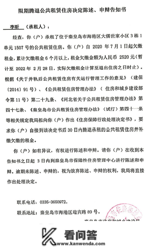 关于期限腾退公共租赁住房决定陈说、申辩告知书送达通知布告