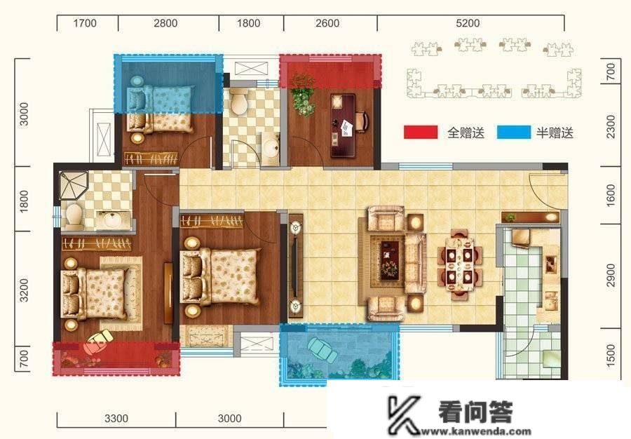 102平简欧客餐厅连为一体视觉感更大，一抹清爽绿色贯串全屋