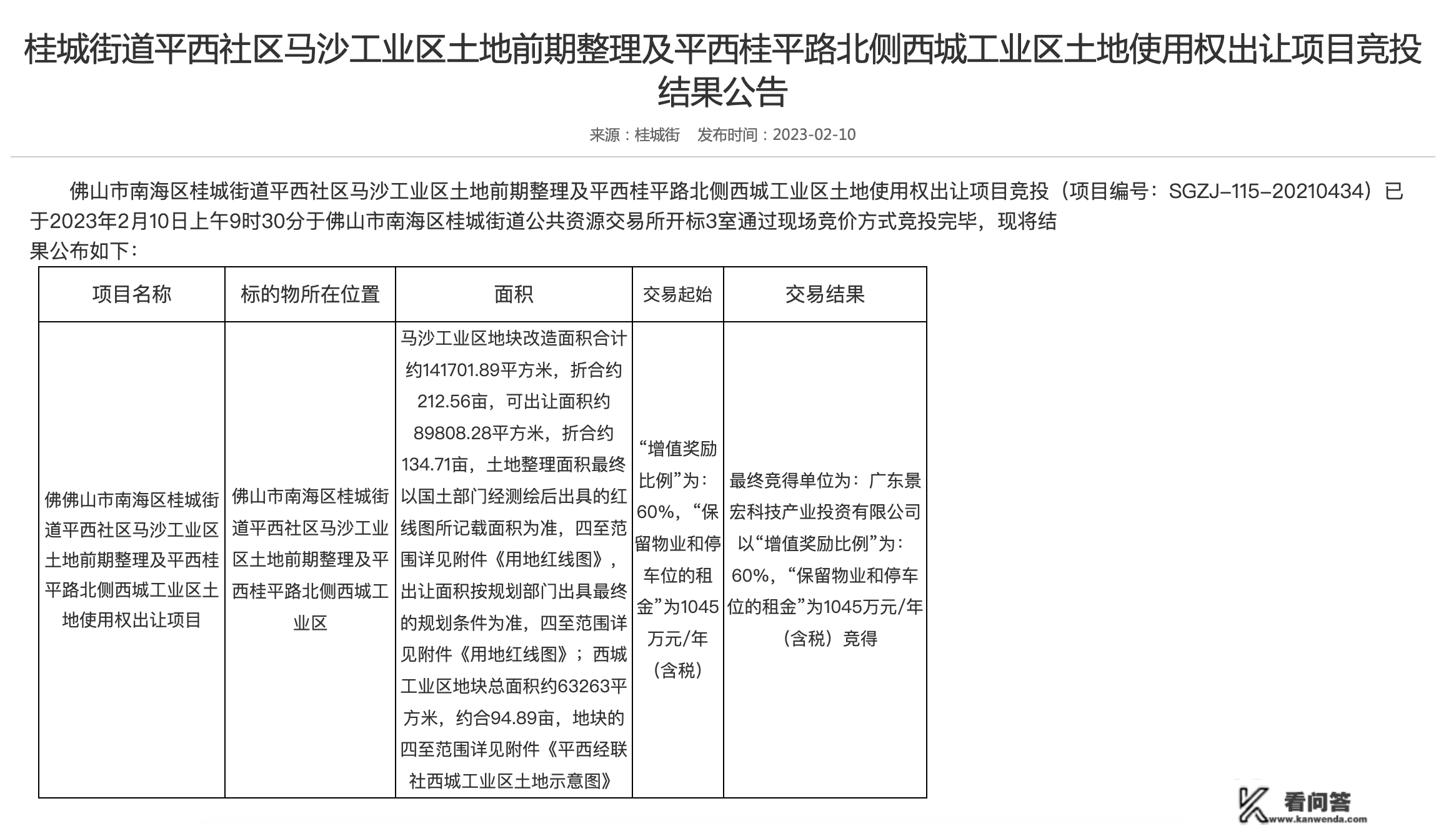 四次招标末成果！广东景宏竞得平西马沙工业区革新前期整理 期限2年