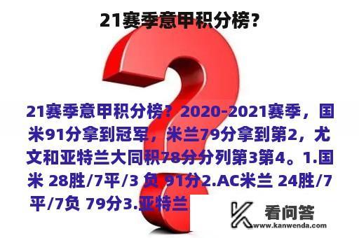 21赛季意甲积分榜？