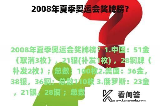 2008年夏季奥运会奖牌榜？