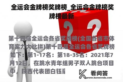  全运会金牌榜奖牌榜_全运会金牌榜奖牌榜最新