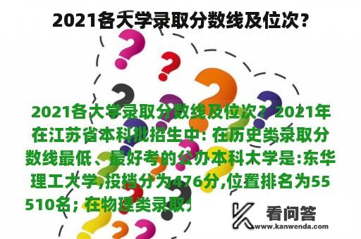 2021各大学录取分数线及位次？