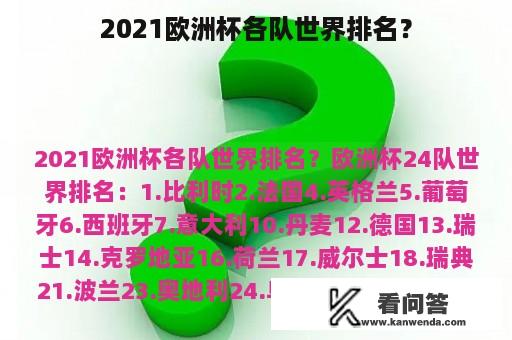 2021欧洲杯各队世界排名？