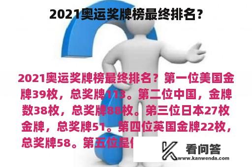 2021奥运奖牌榜最终排名？