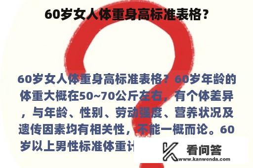 60岁女人体重身高标准表格？