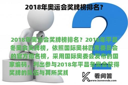 2018年奥运会奖牌榜排名？