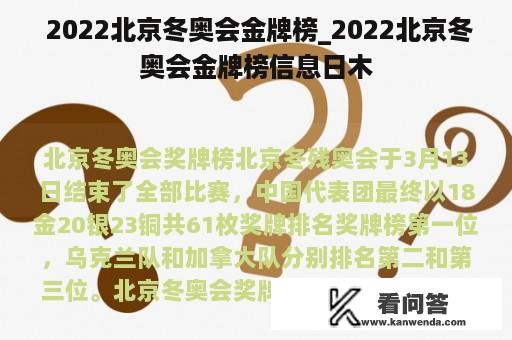  2022北京冬奥会金牌榜_2022北京冬奥会金牌榜信息日木