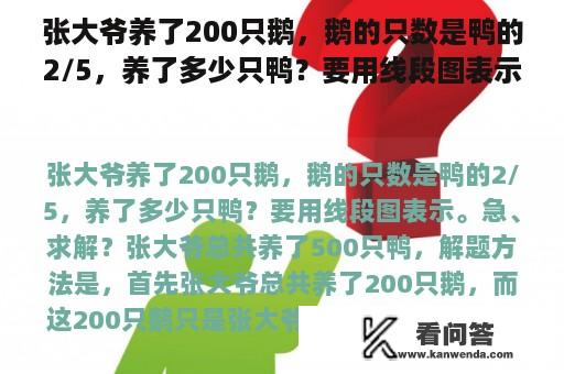 张大爷养了200只鹅，鹅的只数是鸭的2/5，养了多少只鸭？要用线段图表示。急、求解？