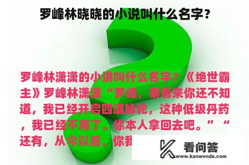 罗峰林晓晓的小说叫什么名字？