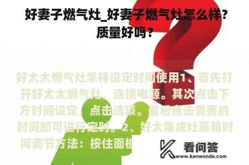  好妻子燃气灶_好妻子燃气灶怎么样？质量好吗？