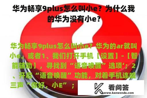 华为畅享9plus怎么叫小e？为什么我的华为没有小e？