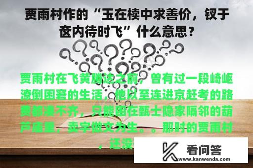 贾雨村作的“玉在椟中求善价，钗于奁内待时飞”什么意思？