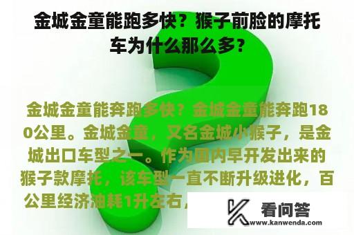 金城金童能跑多快？猴子前脸的摩托车为什么那么多？