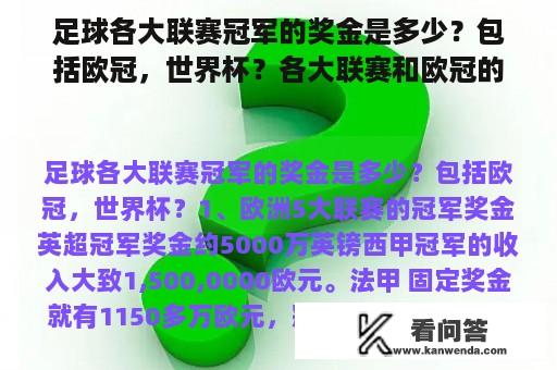 足球各大联赛冠军的奖金是多少？包括欧冠，世界杯？各大联赛和欧冠的冠军奖金分别是多少？