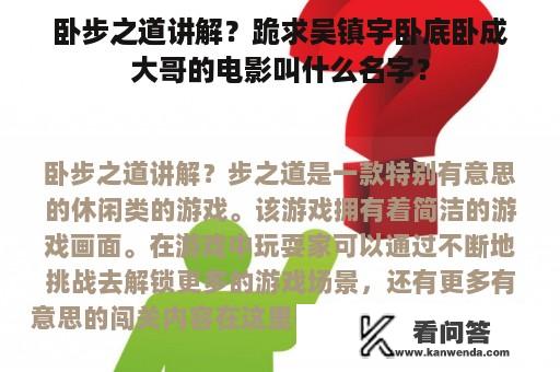 卧步之道讲解？跪求吴镇宇卧底卧成大哥的电影叫什么名字？