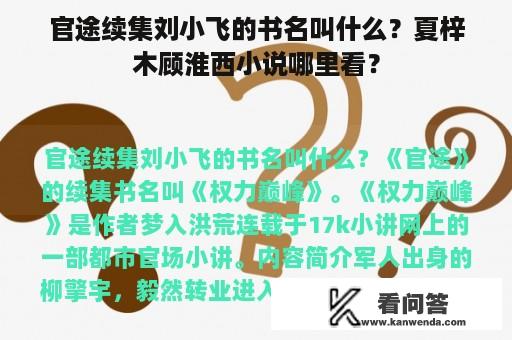 官途续集刘小飞的书名叫什么？夏梓木顾淮西小说哪里看？