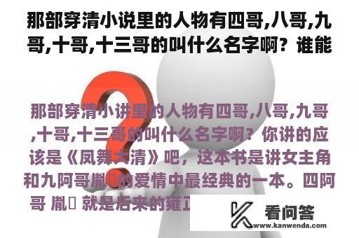 那部穿清小说里的人物有四哥,八哥,九哥,十哥,十三哥的叫什么名字啊？谁能推荐几本有关康熙的十三阿哥的小说啊？