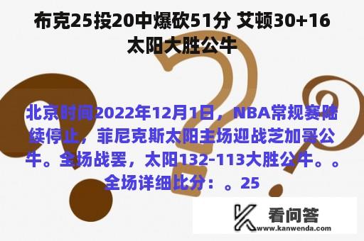 布克25投20中爆砍51分 艾顿30+16太阳大胜公牛