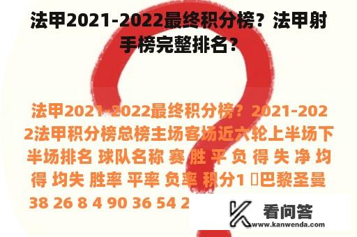 法甲2021-2022最终积分榜？法甲射手榜完整排名？