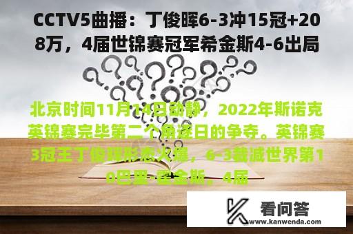 CCTV5曲播：丁俊晖6-3冲15冠+208万，4届世锦赛冠军希金斯4-6出局