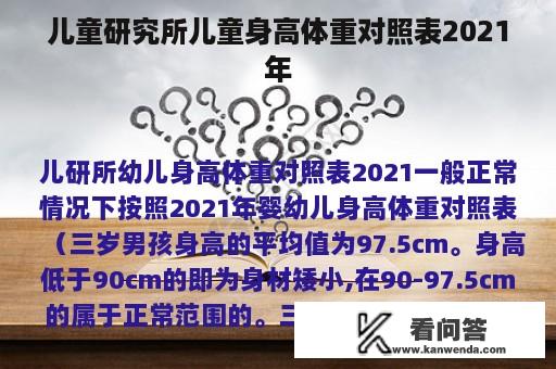 儿童研究所儿童身高体重对照表2021年